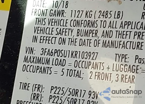 2019 Ford Fusion Energi Titanium from USA, damaged, VIN 3FA6P0SU1KR103927